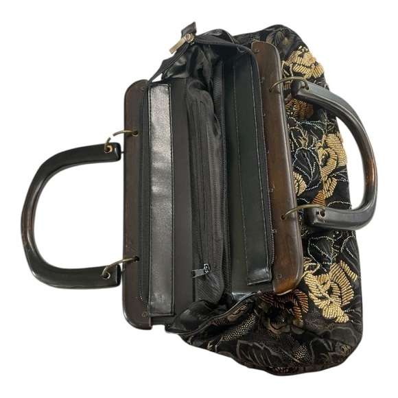 Vintage Unbranded Floral Pattern Beaded Fabric Handbag Satchel Purse Wood Handle - Picture 9 of 16